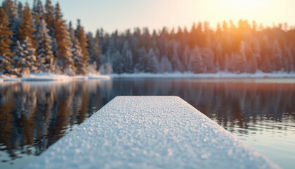 winter snow cold weather A serene winter landscape with a snow-covered dock on a calm lake at sunrise