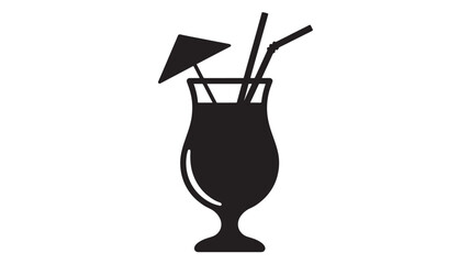 Black silhouette of a tropical drink with straws on transparent background