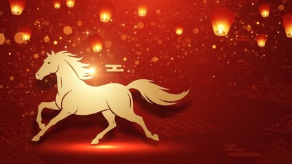 Golden Horse Running on Red Background with Glowing Lanterns, Chinese New Year Year of the Horse Festive Illustration