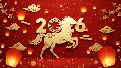 2026 Chinese New Year Celebration with Golden Horse, Red Lanterns and Clouds, Year of the Horse Festive Illustration Background