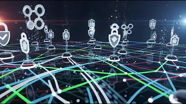 Network of interconnected users and security icons visualized in a futuristic digital landscape from an aerial viewpoint
