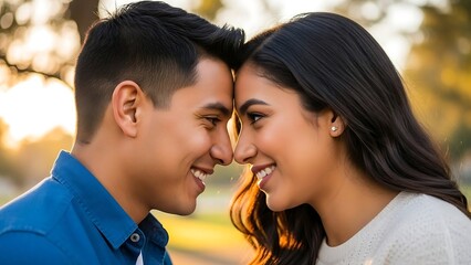 Young couple touching foreheads smiling.