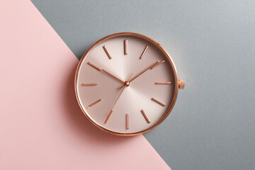 Rose gold clock on pastel pink and grey background. minimal idea business concept 