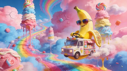 Playful Chaos: Giant Banana Pilot Flying Ice Cream Truck Through Candy Cloud Skies
