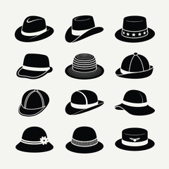 Collection of various black hat styles and designs for fashion and headwear