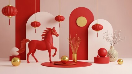 Red Horse Figurine with Lanterns and Minimal Decor, Chinese New Year Year of the Horse Elegant Festive Still Life