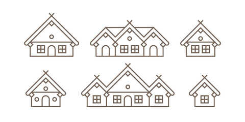 Different types of village houses. Flat line vector illustration.