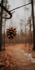 Pinecone hanging from a branch in a serene autumn forest, with a blurred path in the background.