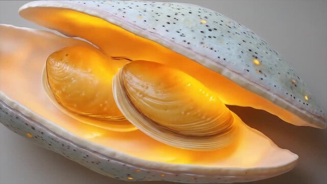 Glowing clamshell with pearls conceptual still life studio lighting