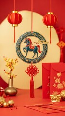 Chinese New Year Hanging Ornament with Horse Zodiac, Red Lanterns and Lucky Decorations on Festive Red Background