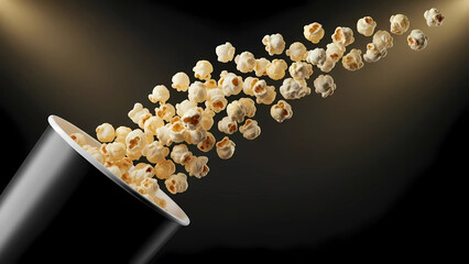 Dynamic cinematic shot of popcorn exploding out of a black cup against a dark moody background with dramatic spotlight illumination creating a sense of excitement, National Popcorn Day
