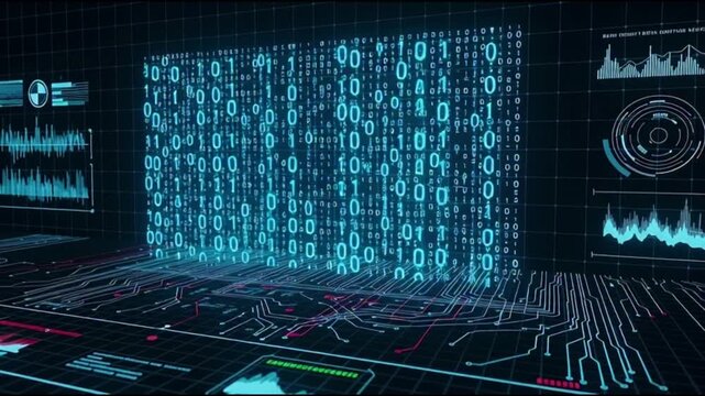 Binary code matrix displayed on a futuristic digital interface with circuit board patterns and data visualizations