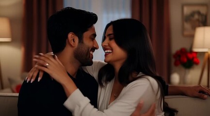 Happy young couple intimately embracing and laughing in a cozy, warmly lit home