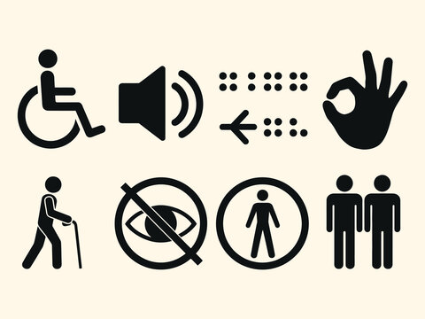 set of accessibility icons representing disability support and Inclusivity, vector illustrations for inclusive design, public spaces, web and mobile interfaces, social awareness, and equal access 