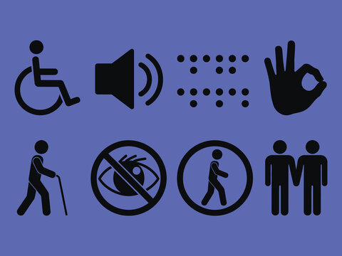 set of accessibility icons representing disability support and Inclusivity, vector illustrations for inclusive design, public spaces, web and mobile interfaces, social awareness, and equal access 