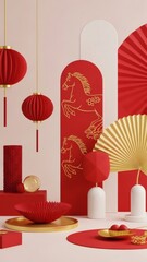 Elegant Chinese New Year Decor with Red Lanterns, Golden Fans, and Horse Motif