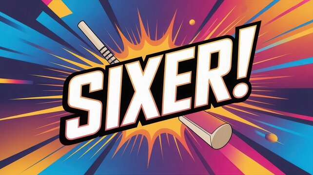 Vibrant cricket celebration with 'SIXER!' text and bat