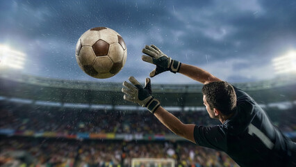 Soccer Goalkeeper Making Diving Save in Rainy Match at Stadium with Crowd