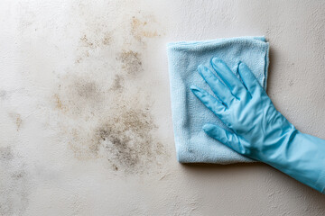 Cleaning mold spots caused by home humidity issues. Scene highlights moisture problems, household maintenance, and efforts to improve indoor living conditions.
