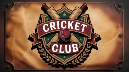 Vintage cricket club logo on distressed metal plate background