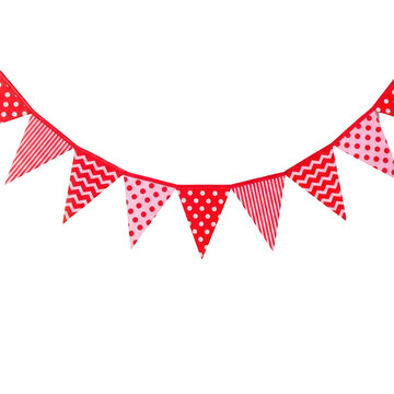Colorful red and pink triangular pennant banner with various patterns isolated on transparent background for party decoration