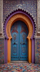 Obraz premium Ornate archway frames vibrant blue wooden double doors set within richly decorated architectural facade
