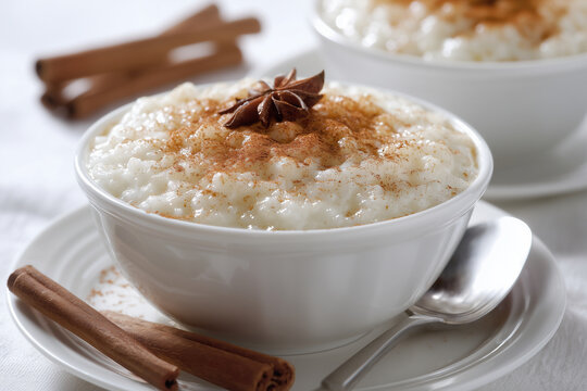 Creamy arroz doce Portuguese rice pudding topped with cinnamon. Traditional dessert with rich texture and warm flavor, popular in Portuguese cuisine.