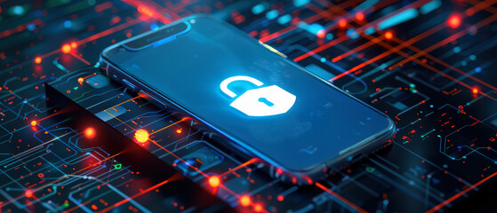 Futuristic smartphone with a glowing digital security hologram, cyber network lines and bright circuit board elements, symbolizing advanced mobile protection, encryption and high-tech data safety.