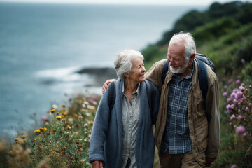 Elderly couple walking along a coastal path reflecting a Blue Zones lifestyle. Image highlights longevity, daily movement, and healthy aging habits.