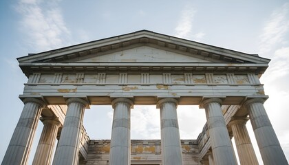 Obraz premium The ancient stone building stands with tall columns under a blue sky with clouds.