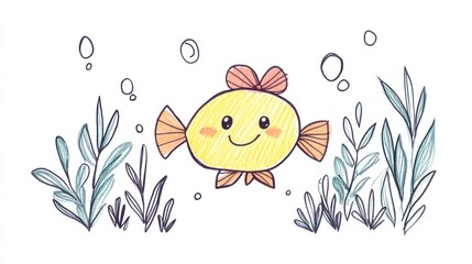 Cute cartoon fish in underwater scene; children's book illustration