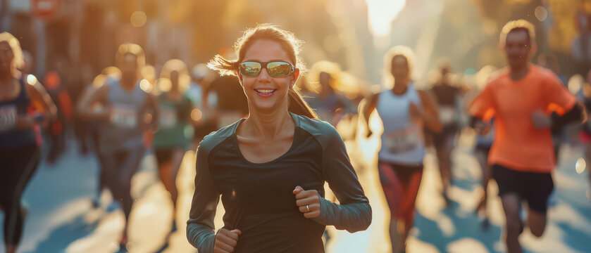 Smiling young woman running city marathon surrounded by other runners in warm autumn light. Female athlete enjoying group run, healthy lifestyle, fitness training, motivation and outdoor sport event.
