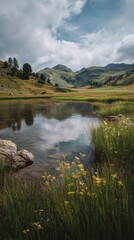 Serene Mountain Lake Reflection Under Cloudy Sky.