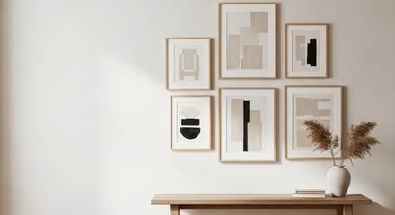 Abstract wall art gallery collection enhancing a modern interior design concept with natural elements and soft light