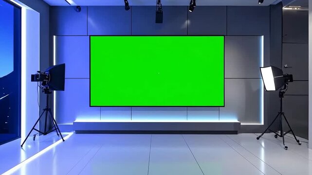 Modern television studio setup with green screen and professional lighting equipment.