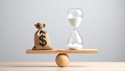 Time is Money Concept with Burlap Dollar Bag and Hourglass Balancing on a Wooden Seesaw Scale