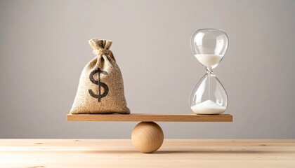 Time is Money Concept with Burlap Dollar Bag and Hourglass Balancing on a Wooden Seesaw Scale