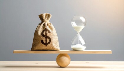 Time is Money Concept with Burlap Dollar Bag and Hourglass Balancing on a Wooden Seesaw Scale