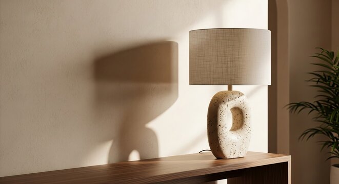 A modern designer lamp with unique texture casting shadows on a wall, showcasing an elegant interior design concept for a home