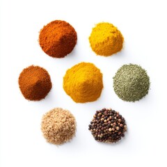 Colorful Arrangement of Various Spices and Seasonings on a White Background for Culinary Inspiration and Food Photography