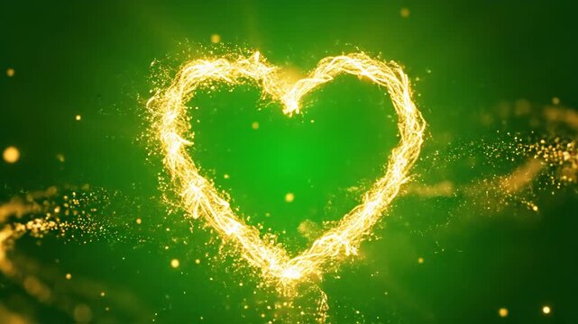 Glowing golden heart made of sparkling particles on green background romantic love video