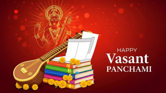 Vibrant Vasant Panchami celebration with goddess Saraswati books musical instrument red background 4K Ai HD high quality video.
