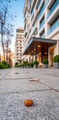 Urban street level view with a single acorn on the pavement, modern building entrance in the background.