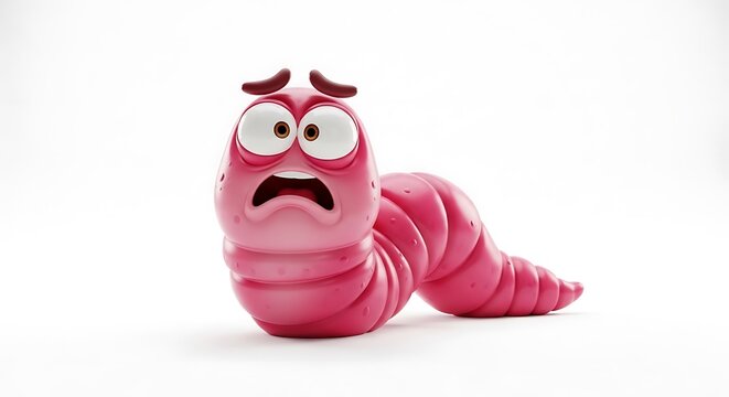 Worried Cartoon Worm - A Close-Up of a Pink Annelid with a Concerned Expression.