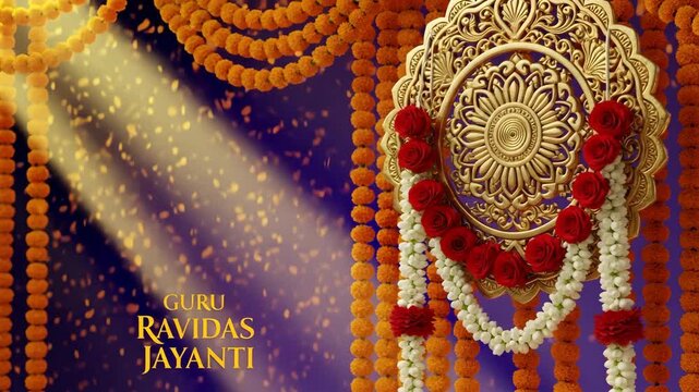 Celebrating Guru Ravidas Jayanti With Ornate Decorations And Floral Garlands In Golden Light 4K Ai HD high quality video.