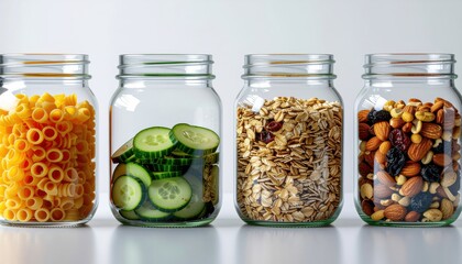 Pasta, cucumber, oats, nuts fill glass jars in minimalist pantry scene. Clean eating, simple living, in a modern, organized kitchen or store display.