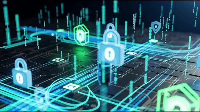 Digital security system visualization with padlocks and data streams on a futuristic grid interface