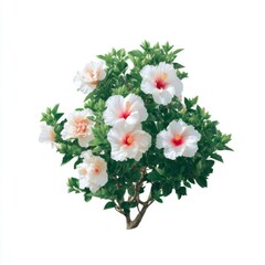 Fototapeta premium Beautiful Hibiscus Plant with White and Pink Flowers on a Green Leafy Bush Isolated on White Background