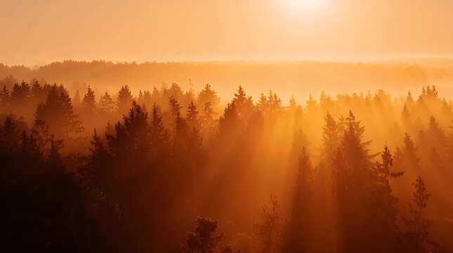 Peaceful Morning Scene of Forest Bathed in Golden Light
