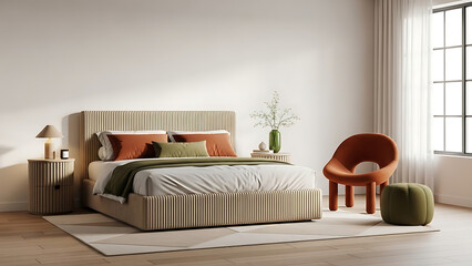 A serene bedroom scene with a bed, chair, and plants, captured from a frontal viewpoint in a minimalist interior.